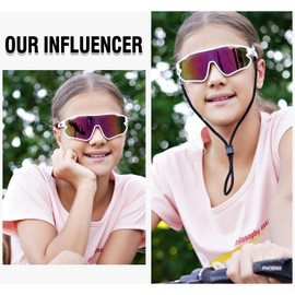 DUCO Kids Sunglasses Youth Baseball Sun Glasses Lightweight TR90 Frame UV400 Sports Cycling Shades for Boys Girls DK268 (White Frame Pink Temple Revo Orange Lens)