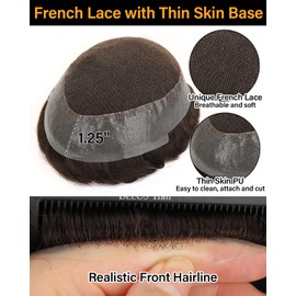 BEEOS Australia Toupee Hair for Men, 8x10 Inch French Lace Top with Thin Skin Around Base Mens Indian Remy Human Hair Replacement System Natural Hairline Mens Wig #3 Dark Brown