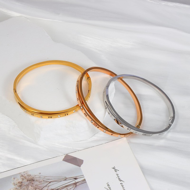 MILAKOO Dainty Rhinestone Roman Numerals Bangle Bracelet hollow Carved Timeless