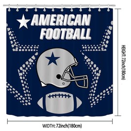 Namdeva 4PCS Sports Shower Curtain Set, American Football Helmet Stadium Grey Dots White Quotes Navy Blue Texas Star Touchdown Man Cave Bathroom Decor, Non-Slip Bath Mat, Gifts for Men Teenage Boys