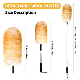 FeelfunFeather Lambswool Extendable Duster,67.7Inch Telescoping Feather Dusters with Stainless Steel Extension Pole for Cleaning High Ceiling Fan, High Ceilings,Furniture
