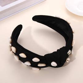 PHALIN Shell Headband for Women Summer Knotted Headband Statement Wide Top Knot Headband Summer Beach Outfits Hair Accessories Holiday Jewelry Gifts (Black)