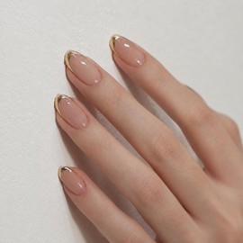 Press on Nails Short - Pack of 24 Gold French Fake Nails Full Cover with Nail Glue, Almond Nails for Sticking Acrylic Artificial Fingernails for Women & Girls Nail Art Manicure (Gold French)