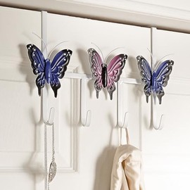 Butterfly Design Over-the-Door Hooks – Metal Hanger with 3 Butterflies & 4 Hooks - Bathroom, Bedroom, Cloakroom, Utility Hanging Storage for Towels, Robes, Pyjamas, Coats, Jackets - H21 x W30 x D5cm