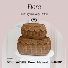 BEBE BASK The Original Scalloped Basket Set Of 2 - Small Scallop Basket - 15 x 10 x 6 In - Hand-Woven & Award-Winning - Elegant Wicker With Scalloped Edge Lid - Nursery Storage - (Mocca)