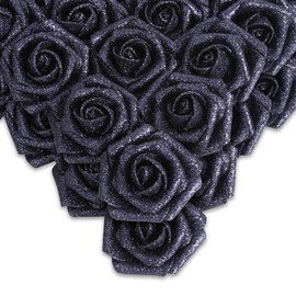 IPOPU Black Glitter Roses,50PCS Fake Roses Glitter Flowers for Crafts DIY Wedding Bouquet Home Party Decoration(Black)