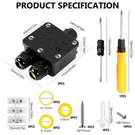 Pack of 2 Junction Box Waterproof IP68 3-Way Waterproof Junction Box Cable Connector Black Electric Outdoor Distribution Box for Diameter 5 mm - 15 mm Cable Diameter
