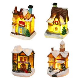 Christmas Village Set, 4PCS Christmas Winter Village Houses Light Up Country Houses Christmas Miniature Resin Ornament Fireless Candles Lamp withTea Light for Christmas Decoration (Village Houses C)