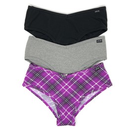Victoria's Secret PINK Cheekster Panty Set of 3 Small Ribbed Black/Gray/Purple Plaid