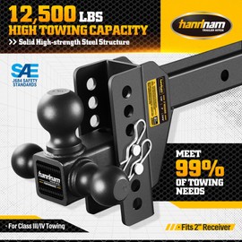 Drop Hitch Adjustable Trailer Hitch, Tow Hitch with 6-Inch Drop/Rise for Truck (12,500 LBS GTW), Adjustable Drop Hitch Fits 2-Inch Receiver, Trailer Hitches with Double Anti-Theft Pins Locks