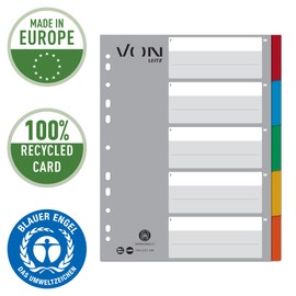 VON Leitz 12890000 Pack of 5 A4 Index Dividers Blank Dividers for Folders, Extra Wide, 100% Recycled Cardboard, 11-Hole Universal Index, Multi-Colour