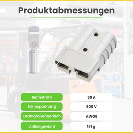 Offgridtec Pack of 4 Anderson Plugs with Dust Cap for 6AWG Cable, Anderson SB50 Compatible, Secure Contact Pins, Robust Plastic 50A 600V Plug for Solar Panels & Charging Systems (Grey)