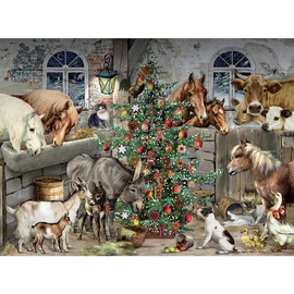 Bits and Pieces - 1000 Piece Jigsaw Puzzle for Adults 20" x 27" - Christmas in The Barn - 1000 pc Glitter Glitter Animal Holiday Winter Tree Horse Cow Jigsaw by Artist Barbara Behr