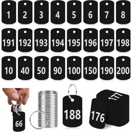200 etiquetas de números de plástico con anillos, 1 a 200 etiquetas de identificación de números negros, impermeables, etiquetas de llavero, llaveros con números, etiquetas de equipaje rectangulares