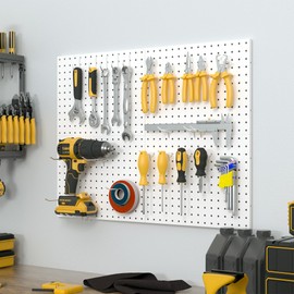 Spampur Peg Board, 4 Pack Metal Pegboard Panels with 50 Hooks, White Pegboards Wall Organizer, Heavy Duty Peg Board for Walls Home, Garage Tool Storage, Office Organization, Craft Room, Kitchen