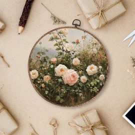 Lengues Rose Garden Round Wall Art, Shabby Chic Floral Round Wall Decor, Vintage Farmhouse Decor Canvas Framed Art Prints, Cottagecore Pink Roses Print Hanging Frame for Room Bedroom 10x10 Inch