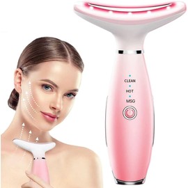 Facial Massager -7 Color Red-Light-Therapy for Face and Neck for Wrinkles, Double Chin, Vibrating Facial Massager with Thermals (HOT-Pink25)