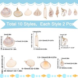 SUNNYCLUE 1 Box 20Pcs 10 Styles Seashell Charms Bulk Sea Shell Charms Gold Electroplated Natural White Conch Cowrie Ocean Beach Charm for jewellery Making Charms Women DIY Necklaces Earrings Crafts