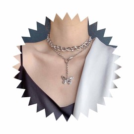 Iaceble Boho Layered Butterfly Y Necklace Silver Butterfly Pendant Necklace Butterfly Y Lariat Necklace Chunky Curb Chain Choker Necklace Long Butterfly Drop Necklace Jewelry for Women