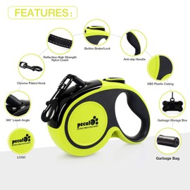 Pecute Dog Lead, Large Retractable 5-Metre Dog Lead With Luminous Reflective Stitching, Ergonomic Non-Slip Handle, Free Dog Poop Bags And Holder