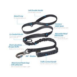 Hotsky Tactical Dog Leash Heavy Duty for Medium Large Dogs That Pull,4-6Ft Strong Bungee Shock Absorbing No Pull Dog Leash with Padded Double Handle and Car Seatbelt,Reflective Black