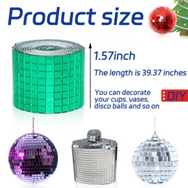 Green Self-Adhesive Glass Mirror Mosaic Tiles, 5 x 5 mm Square Mirror Tiles, 3200 Pieces Disco Ball Tiles for DIY Craft, 2 Rolls Disco Mirror Tiles for Interior, Art Collage, Card Making, Cups