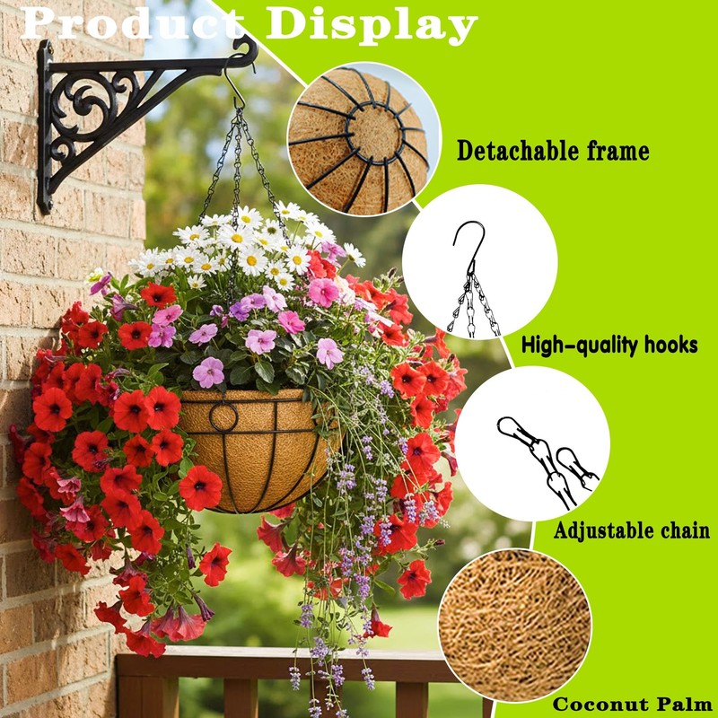 JFFLYIT 4 Pack 14" Round Metal Hanging Basket for Outdoor