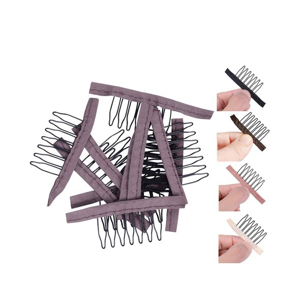 YANTAISIYU 24 pcs/lot Wig Combs for Making Wig Caps 7-teeth Wig Clips Steel Teeth with Cloth Wig Combs for Hairpiece Caps Wig Accessories Tools Wig Clips for Wig (Brown)