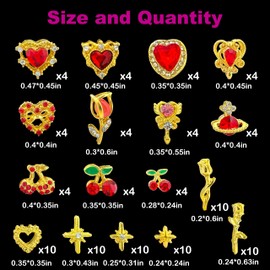 104PCS Gold Nail Charms and Gems,Red Heart,Cherry,Flower,Planet,Rose,Starburst Charms for Nails Design,3D Alloy Y2k Nail Jewels Bulk Nail Art Decor Set