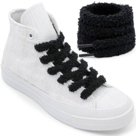 YJRVFINE Flat Fuzzy Shoe laces: 47 Inch Wide Soft Black Plush Sneakers Shoelaces 2 Pair
