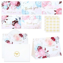 Pineraap 24 Pack Thank You Cards With Envelopes & Stickers, Gold Foil Blank Thank You Notes Bulk Watercolor Floral Greeting Cards for Wedding Baby Shower Bridal Shower Birthday - 4x6 Inch