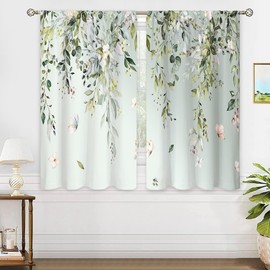 oolygoo Sage Eucalyptus Botanical Leaves Floral Window Curtains Butterfly Farmhouse Flower Leaf Rod Pocket Sage Green Curtain Drapes Curtains for Bedroom Living Room Treatment 2 Panels 42Wx45H Inch