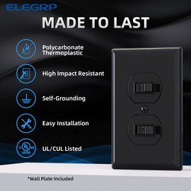 ELEGRP Double Toggle Light Switch, Two Single Pole Electrical Dual Light Switch, 15A, 120V, in-Wall On/Off Switch, Self-grounding, Wall Plate is Included, UL Listed (2 Pack, Glossy Black)