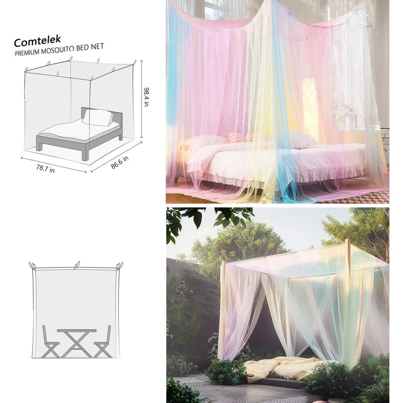 Rainbow Mosquito Net for Double Bed 4 Corner Post Elegant