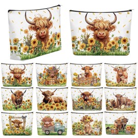 Reginary 12 Pcs Highland Cow Makeup Bags Sunflower Cow Cosmetic Bags with Zippers Floral Pouch Bulk Appreciation Gifts for Women Teacher Graduation Summer Wedding Birthday Travel Party Supplies