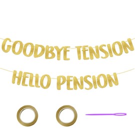 Retirement Banners, Happy Retirement Decorations, Good Luck Banner, Leaving Banner, Goodbye Tension, Hello Pension - Gold Glitter, Funny Birthday & Retirements Party Supplies