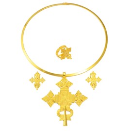 N-Made Beautifull Ethiopian Jewelry - Ethiopian Jewelry for Women Set - Ethiopian Cross - Ethiopian Big Cross Jewelry Sets Round Choker Earrings Resizable Ring African Eritrean Religion Wedding Party