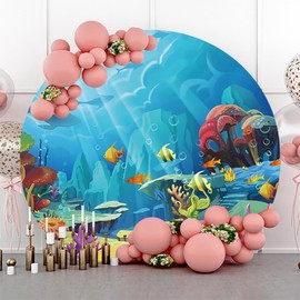 Renaiss 7.2x7.2ft Under The Sea Round Backdrop Cover Underwater Scenery Circle Photography Background Sun Ray Colorful Corals Fishes Baby Shower Birthday Summer Holiday Party Decor Photo Booth Props