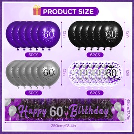 Purple 60th Birthday Decorations for Women, Black Purple Silver Happy 60th Birthday Yard Banner and 24pcs 60th Birthday Balloons for 60th Birthday Anniversary Party Supplies Indoor Outdoor Decor
