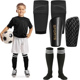 Children's Football Shin Pads with Shin Sleeves & Football Socks for Boys & Girls Aged 3-8.8-10.10-12.12-16 Boys & Girls (Black, S (Toddler, 2-4 Years))
