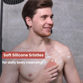 iTokGok Silicone Body Scrubber Silver-Infused Dual-Sided 3-in-1 for Shower, Body Cleaning+Massage+Exfoliator Body Brush Buffer for Men and Women, Silicone Loofah, Non-Slip Handle (Pink)