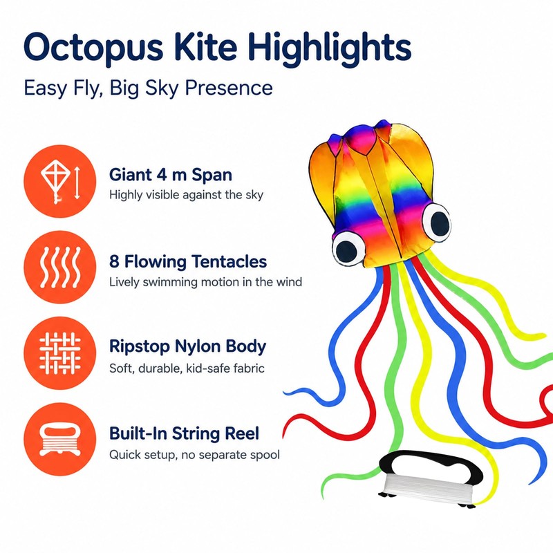 Colourful Octopus Kite with Long Tails for Family and Beach