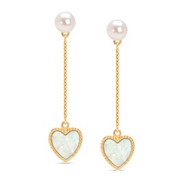 LeCalla 925 Sterling Silver 14K Gold Plated Simulated Pearl Studs with Mother of Pearl Heart Drop Dangle Earrings for Women Teen 50 MM