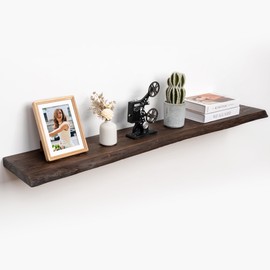 55" Rustic Elm Wood Floating Shelves for Wall, Live Edge 9.3 Inch Deep Wall Shelves for Storage, Wall-Mounted Display Shelves with Invisible Bracket for Living Room Bedroom Kitchen, Set of 1, Walnut