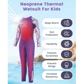 Gogokids Kids Wetsuit, Youth 2.5mm Neoprene Thermal Full Wet Suits, Girls Long Sleeve Back Zip Sun Protection Swimsuits for Water Sports, Diving, Swimming, Surfing Lessons, Keep Warm