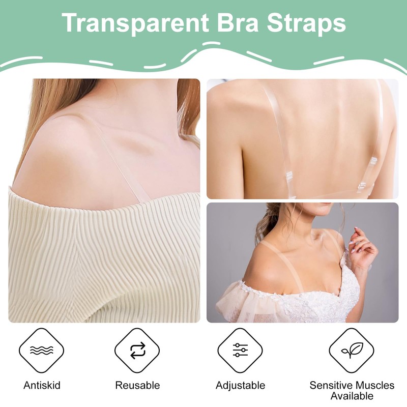 6 Pairs of Transparent Bra Straps, 1 cm/1.2 cm/1.5 cm