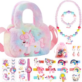 BBLTIFF Unicorn Bag Girls, Jewellery Set Girls, Unicorn Handbag Jewellery Set, Unicorn Gifts for Girls, with Unicorn Bag, Bracelet, Necklace, Earrings, Hair Clip, Ring, Sticker, Resin