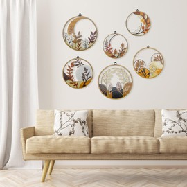 WATUNID Pack of 6 Wooden Boho Wall Decoration Living Room, Round Minimalist Wall Decoration, Modern Bohemian Wall Decoration, Bedroom, Vintage Wall Sculptures, Rustic Decoration for Home, Dining Room