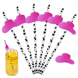 HSC 40Pcs Straws, Cow Print Straws, Cowgirl Drinking Straw, Cocktail Paper Hen Do Straws, Cowgirl Drinking Straw with Pink Hat, for Bachelorette Disco Last Rodeo Party Decorations Supplies