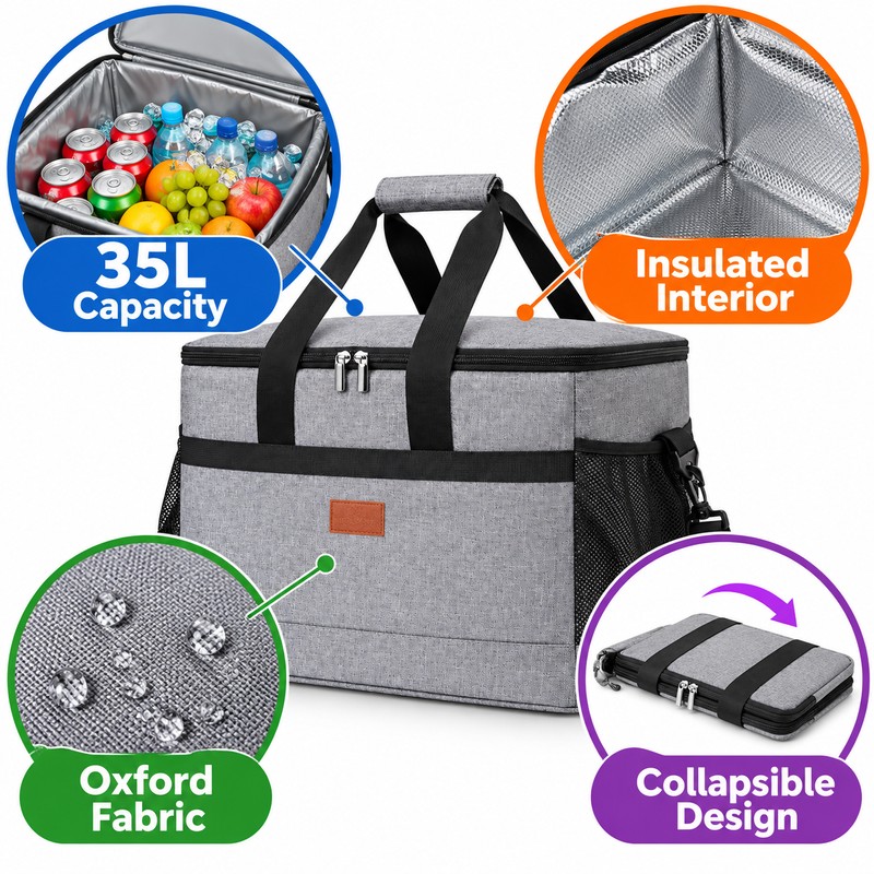 35L Insulated Cooler Bag for Food and Drinks – Collapsible